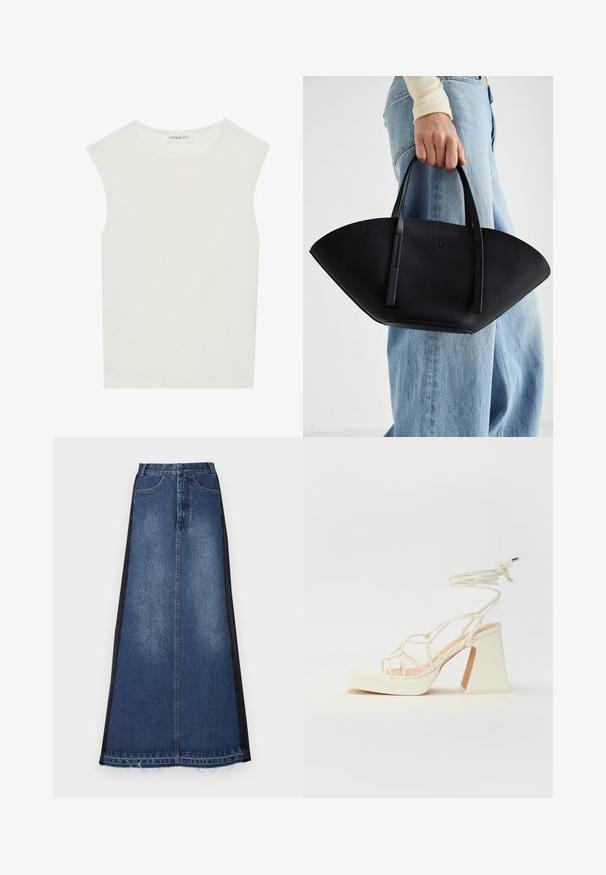 Top alb fără mâneci, cu decolteu rotund. Fabricat dintr-un material neted, prezintă o croială lejeră și un design minimalist. Fără modele sau accente.; Fustă maxi din denim, cu un corp principal albastru și panouri laterale negre, cu croi drept, margine desfăcută și design clasic cu cinci buzunare.; Sandale albe cu toc înalt și gros, cu un design cu curele și legătură la gleznă. Textură netedă, cu o platformă frontală pentru înălțime suplimentară.; Geantă de piele neagră cu o formă unică de evantai, având mânere plate. Suprafața are o textură cu mici granule și un design minimalist.