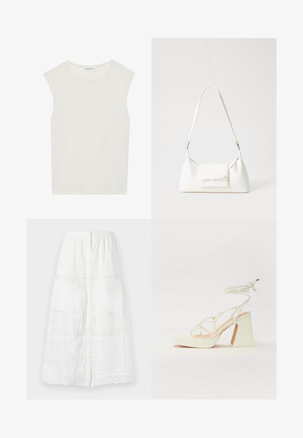 Valge ilma varrukateta topp ümmarguse kaelusega. Valmistatud siledast kangast, sellel on mugav lõige ja minimalistlik disain. Ei ole mustreid ega aksessuaare.; Valge nööbiga seelik, mis on valmistatud kergetest kangast, omades pitsäärist ja tikitud mustreid alumises ja keskmises osas.; Valged kõrge kontsaga sandaalid, millel on paks konts ja rihmadega disain koos pahkluu sidumisega. Sile tekstuur ja platvorm ees, et lisada kõrgust.; Valge sünteetilisest materjalist kott kolmnurkse kujuga, lame esiklapiga ja kaaredetailiga, reguleeritava rihmaga, sileda tekstuuriga ja minimalistliku disainiga.