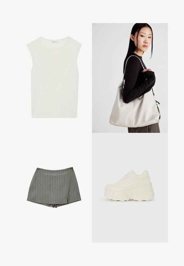 Weißes ärmelloses Top mit rundem Ausschnitt. Hergestellt aus glattem Stoff, hat es einen lässigen Schnitt und minimalistisches Design. Keine Muster oder Akzente.; Graue Shorts aus einem strukturierten Stoff mit vertikalen Streifen. Sie haben einen leichten Schlitz an der Seite und eine strukturierte Taille.; Weiße Platform Sneakers mit einem glatten, lederähnlichen Obermaterial, abgerundeter Form, gepolstertem Kragen und strukturierten Gummisohlen mit ausgeprägten Stollen.; Beige Handtasche aus weichem Material, mit einem lässigen Design, gesteppten Details und zwei Schulterriemen. Geeignet für den täglichen Gebrauch.