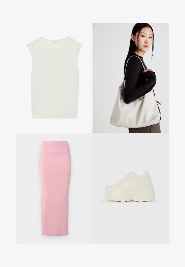 Top alb fără mâneci, cu decolteu rotund. Fabricat dintr-un material neted, prezintă o croială lejeră și un design minimalist. Fără modele sau accente.; Fustă lungă, ajustată, de culoare roz deschis, realizată dintr-un material elastic. Prezintă o textură netedă și o ușoară adunare pe o parte. Fără embellishments.; Adidași platformă albi, cu un superior neted asemănător cu pielea, formă rotunjită, guler căptușit și talpă din cauciuc texturată cu borduri bine definite.; Geantă bej din material moale, cu un design lejer, detalii cusute și două bretele pentru umăr. Potrivită pentru utilizarea zilnică.