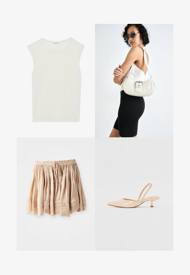 Fehér ujjatlan felső, kerek nyakkivágással. Simább anyagból készült, laza fazonnal és minimalista kialakítással rendelkezik. Nincsenek minták vagy díszítések.; Világos bézs, réteges szoknya puha anyagból, elasztikus derékrésszel és állítható zsinórral, finom redőkkel és varrott díszítésekkel.; Bézs színű lakkbőr slingback magassarkú cipők hegyes orral és vékony, négyzetes sarkú dizájnnal. Simább textúra és minimalista stílus, díszítések nélkül.; Fehér bőr kézitáska ívelt formával, állítható pánttal és egy kis csattal. A modellen fitted fekete ruha van.