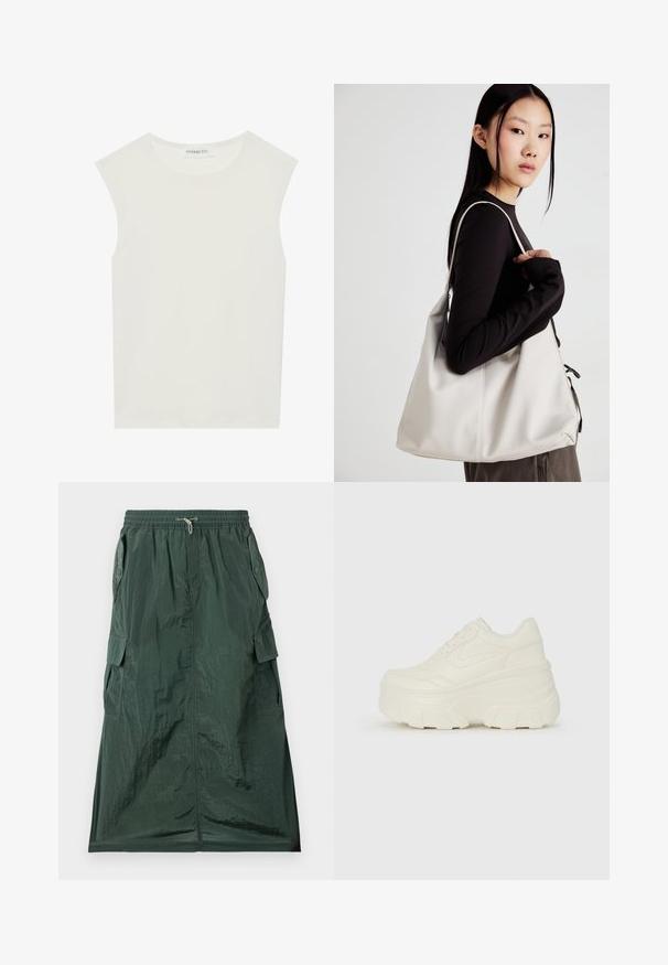 Balts bez piedurknēm tops ar apaļu kakla izgriezumu. Izgatavots no gludas auduma, tam ir brīvs piegriezums un minimālistisks dizains. Nav nekādas rakstainības vai akcentu.; Zaļš kravas svārki, kas izgatavoti no viegla, strukturēta auduma. Aprīkoti ar elastīgu jostasvietu, šnūru un vairākām sānu kabatām.; Baltie platformas sporta apavi, kas izgatavoti no gludas mākslīgās ādas, ar noapaļotu formu, mīkstu apkakli un teksturētu gumijas zoli ar izteiktiem rakstiem.; Bežs rokassoma, izgatavota no mīksta materiāla, ar brīvu dizainu, izšūtu apdari un divām plecu siksnām. Piemērota ikdienas lietošanai.