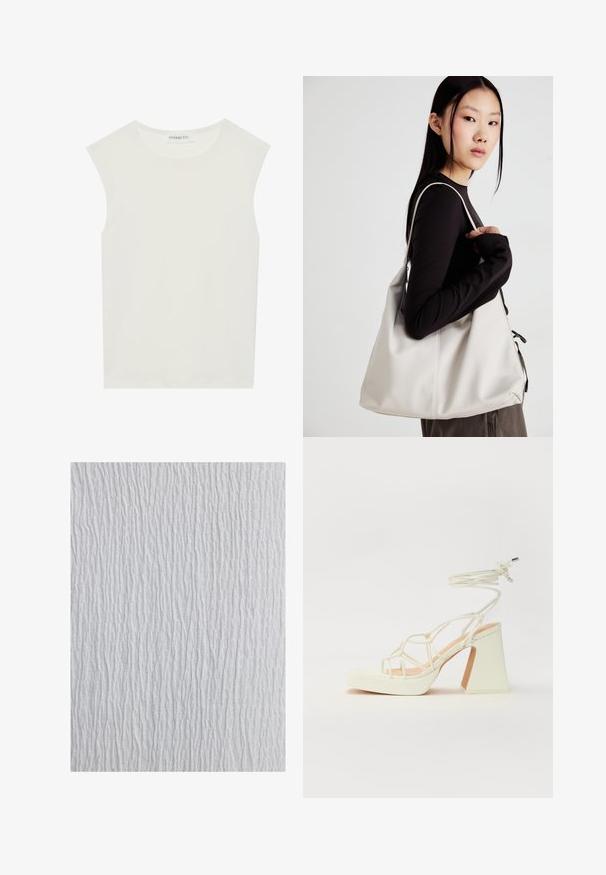 Witte mouwloze top met een ronde halslijn. Gemaakt van gladde stof, het heeft een losse pasvorm en een minimalistisch ontwerp. Geen patronen of accenten.; Witte textuurstof met een golvend patroon, met verticale lijnen van wisselende dikte, die een golvende uitstraling geven.; Witte hoge hakken sandaal met een chunky hak, met een bandjesontwerp en enkelband. Gladde textuur met een plateau voor extra hoogte.; Beige handtas gemaakt van zacht materiaal, met een slonzig ontwerp, gestikte details en twee schouderbanden. Geschikt voor dagelijks gebruik.