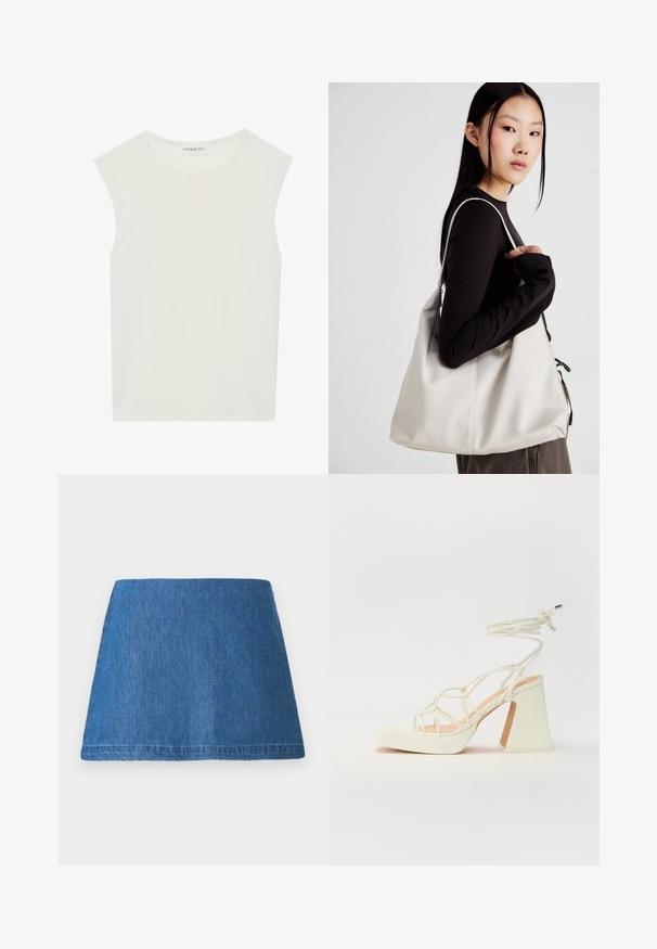 Top alb fără mâneci, cu decolteu rotund. Fabricat dintr-un material neted, prezintă o croială lejeră și un design minimalist. Fără modele sau accente.; Fustă mini din denim, într-o nuanță albastră medie, având o siluetă clasică în formă de A, cu un tiv curat și fără decorațiuni sau imprimeuri vizibile.; Sandale albe cu toc înalt și gros, cu un design cu curele și legătură la gleznă. Textură netedă, cu o platformă frontală pentru înălțime suplimentară.; Geantă bej din material moale, cu un design lejer, detalii cusute și două bretele pentru umăr. Potrivită pentru utilizarea zilnică.