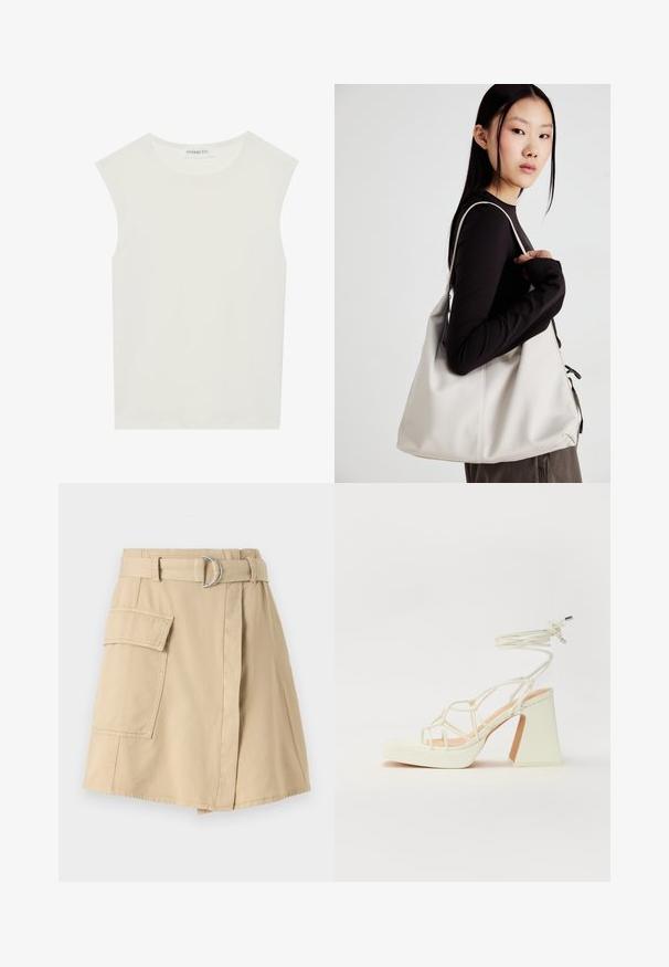 Fehér ujjatlan felső, kerek nyakkivágással. Simább anyagból készült, laza fazonnal és minimalista kialakítással rendelkezik. Nincsenek minták vagy díszítések.; Beige pamut szoknya oldalsó zsebbel, övvel ellátott derékkal, ezüst gyűrűvel, és enyhén A-vonalú szabással. Simogatós textúra és egyszerű dizájn.; Fehér, magassarkú szandál vastag sarokkal, pántos dizájnnal és bokapánttal. Sima textúra, elülső platformmal a megnövelt magasság érdekében.; Puha anyagból készült bézs kézitáska, laza dizájnnal, varrott részletekkel és két vállpánttal. Mindennapi használatra alkalmas.