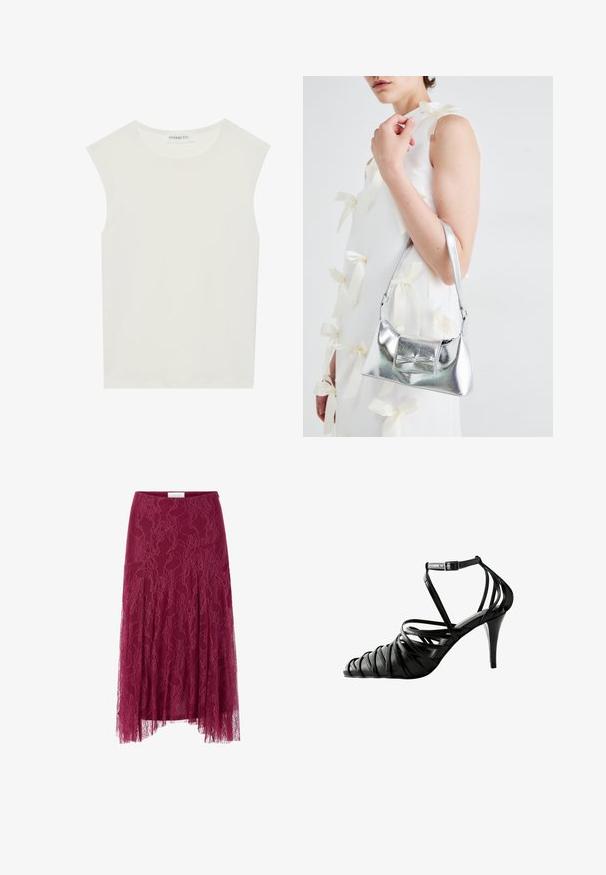 Balts bez piedurknēm tops ar apaļu kakla izgriezumu. Izgatavots no gludas auduma, tam ir brīvs piegriezums un minimālistisks dizains. Nav nekādas rakstainības vai akcentu.; Burgundijas mežģīņu svārki ar ziedu rakstu, caurspīdīgu audumu pārklājumu un plīsušo dizainu. Aprīkoti ar pieguļošu jostasvietu un plūstošu siluetu.; Melni augstpapēžu sandales ar krustveida siksnām, atvērtu pirkstu un potītes sprādzi, izgatavotas no gludas sintētiskas materiāla.; Sudraba metāla rokassoma ar struktūru formu, aprīkota ar augšējo rokturi un priekšpusē esošu loku. Gluda tekstūra, atstarojoša virsma.