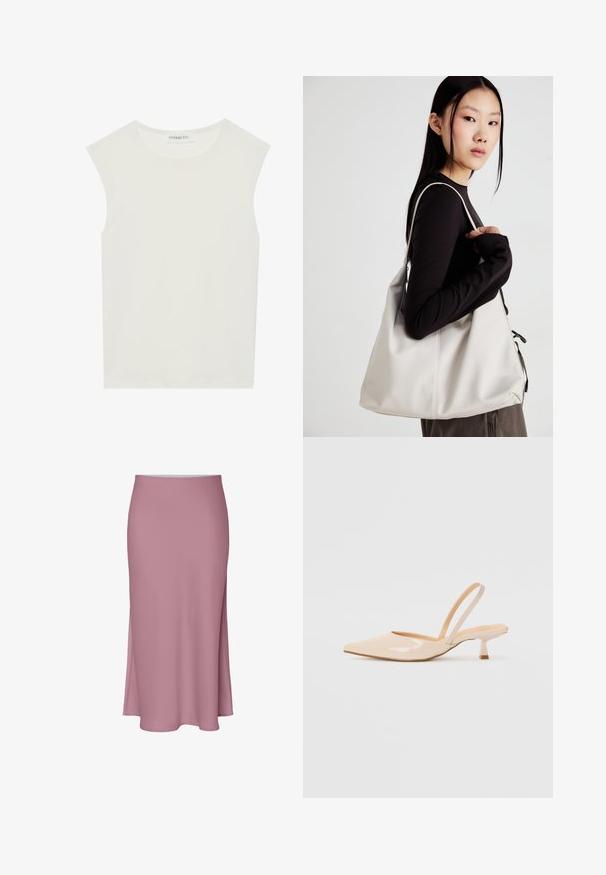 Bela brezrokavnica s okroglim izrezom. Narejena iz gladkega materiala, ima sproščen kroj in minimalističen dizajn. Brez vzorcev ali okrasnih elementov.; Roza krila do kolen z elegantnim dizajnom, ki ima stranski razporek in gladko teksturo. Narejena iz mehkega, lahkega materiala.; Bež čevlji na peto iz patentiranega usnja, s koničastim nosom in ozko kvadratno peto. Gladka tekstura in minimalističen dizajn brez okrasja.; Bežna torbica iz mehkega materiala, z ohlapno zasnovo, šivi in dvema naramnicama. Primerna za vsakodnevno uporabo.