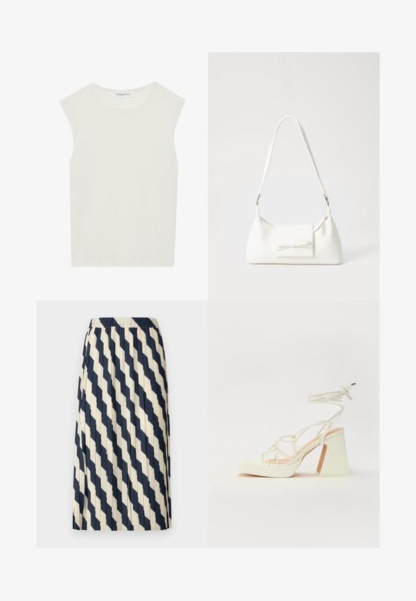 Vit ärmlös topp med rund halsringning. Tillverkad av ett mjukt tyg, har den en avslappnad passform och minimalistisk design. Inga mönster eller detaljer.; Fållskjol i cream och marinblå, med ett diamantmönster. Elastisk midja och lätt tyg skapar en flödande silhuett.; Vit högklackad sandal med en kraftig klack, med ett remdesign och ankelband. Slät textur med en plattform framtill för ökad höjd.; Vit syntetisk handväska med triangulär form, platt framklaff och rosettdetalj, justerbar rem, slät textur och minimalistisk design.