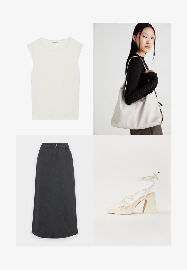 Bijela majica bez rukava s okruglim izrezom. Izrađena je od glatkog materijala, nudi opušteni kroj i minimalistički dizajn. Bez uzoraka ili ukrasa.; Crna traper suknja ravnog kroja, s prednjim detaljem, dva džepa, petlje za remen i kopčom na prednjem dijelu struka.; Bijela sandala na visokoj potpetici s debelim petom, s remenom i vezanjem oko gležnja. Glatka tekstura s platformom sprijeda za dodatnu visinu.; Bežna torba od mekog materijala s opuštenim dizajnom, šivanim detaljima i dva remena za rame. Pogodna za svakodnevnu upotrebu.