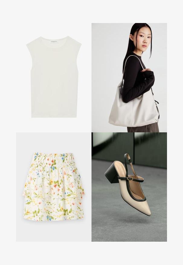 Balts bez piedurknēm tops ar apaļu kakla izgriezumu. Izgatavots no gludas auduma, tam ir brīvs piegriezums un minimālistisks dizains. Nav nekādas rakstainības vai akcentu.; Ziedu raksta svārki ar savilktu vidukli, kroku slāņiem un balto fonu, uz kura ir zaļi, sarkani un zili ziedi.; Beige smailā purngalā siksnu kurpe ar melnu akcentu, zelta sprādzi un masīvu bloku papēdi uz pelēka grīdas ar tumši zaļu fonu.; Bežs rokassoma, izgatavota no mīksta materiāla, ar brīvu dizainu, izšūtu apdari un divām plecu siksnām. Piemērota ikdienas lietošanai.