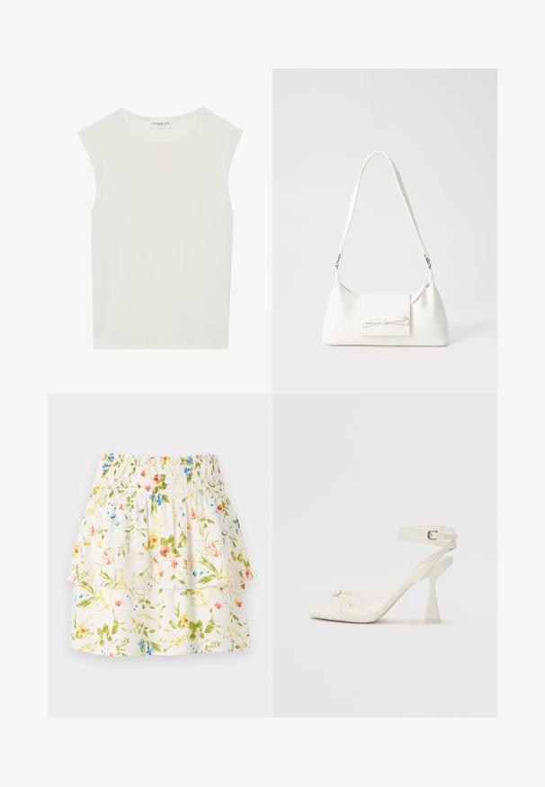 Valkoinen hihaton paita, jossa on pyöreä kaula-aukko. Valmistettu sileästä kankaasta, siinä on rento istuvuus ja minimalistinen muotoilu. Ei kuvioita tai koristeita.; Kukkakuvioinen hame, jossa on rypytetty vyötärö, röyhelökerrokset ja valkoinen tausta, jossa on vihreitä, punaisia ja sinisiä kukkia.; Valkoinen nahkainen strappisaapas, jossa on virtaviivainen muotoilu, läpinäkyvä lohko-osa ja koristeellinen elementti varpaassa.; Valkoinen synteettinen käsilaukku, jossa on kolmikulmainen muoto, tasainen etu läppä ja nauhadetail, säädettävä olkahihna, sileä rakenne ja minimalinen muotoilu.