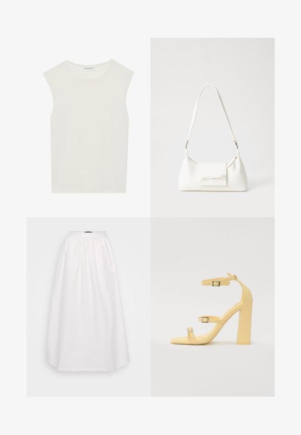 Top branco sem mangas com decote redondo. Feito de um tecido liso, apresenta um corte descontraído e um design minimalista. Sem padrões ou detalhes.; Saia branca de algodão com uma textura suave, cintura alta e detalhes franzidos. Desce até uma bainha na altura do tornozelo com um leve formato em A.; Sandálias amarelas de salto bloco com três correias ajustáveis, design de bico quadrado, material sintético liso e fivelas em tom prateado.; Mala sintética branca com formato triangular, aba frontal plana e detalhe de laço, alça ajustável, textura suave e design minimalista.