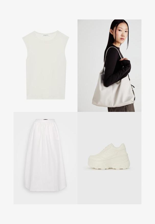 Top alb fără mâneci, cu decolteu rotund. Fabricat dintr-un material neted, prezintă o croială lejeră și un design minimalist. Fără modele sau accente.; Fustă albă din bumbac cu o textură netedă, talie înaltă și detalii pliate. Se lasă până la o margine care atinge gleznele, având o formă ușor A.; Adidași platformă albi, cu un superior neted asemănător cu pielea, formă rotunjită, guler căptușit și talpă din cauciuc texturată cu borduri bine definite.; Geantă bej din material moale, cu un design lejer, detalii cusute și două bretele pentru umăr. Potrivită pentru utilizarea zilnică.