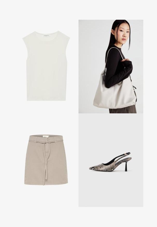 Bílý bezrukávový top s kulatým výstřihem. Vyroben z hladkého materiálu, má volný střih a minimalistický design. Bez vzorů nebo akcentů.; Béžová džínová mini sukně s poutky na opasek, předním zavazováním a dekorativními hroty podél pravé strany. Hladká textura a strukturovaný tvar.; Sandalové boty s špičatou špičkou vyrobené z texturovaného hadího vzoru, s úzkým černým podpatkem a výřezovým designem na bocích.; Beige kabelka vyrobená z měkkého materiálu, s volným designem, prošívanými detaily a dvěma ramenními popruhy. Vhodná pro každodenní použití.