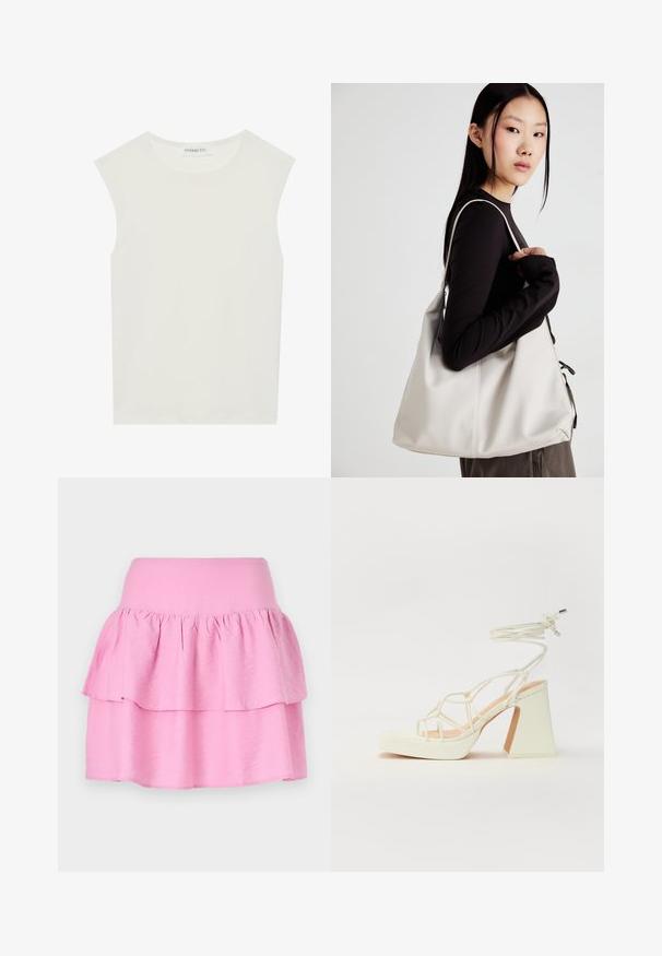 Balts bez piedurknēm tops ar apaļu kakla izgriezumu. Izgatavots no gludas auduma, tam ir brīvs piegriezums un minimālistisks dizains. Nav nekādas rakstainības vai akcentu.; Rožu krāsas daudzslāņu svārki ar plašu elastīgu jostu un diviem horizontāliem volāniem. Izgatavoti no mīkstas, vieglas auduma. Gluda tekstūra bez rakstiem.; Baltas augstpapēžu sandales ar masīvu papēdi, ar siksnu dizainu un potītes saistītiem elementiem. Gluda tekstūra ar platformu priekšpusē, lai nodrošinātu papildu augstumu.; Bežs rokassoma, izgatavota no mīksta materiāla, ar brīvu dizainu, izšūtu apdari un divām plecu siksnām. Piemērota ikdienas lietošanai.