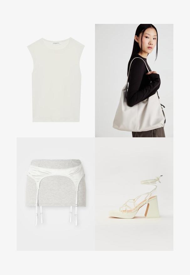 Balta be rankovių palaidinė su apvaliu kaklu. Pagaminta iš lygios medžiagos, ji turi laisvą siluetą ir minimalistinį dizainą. Be raštų ar akcentų.; Pilkas medvilnės audinys su satino balta juosta ir keturiais reguliuojamais raišteliais, skirtais laikyklio funkcijai. Lygus paviršius, prigludusi forma.; Balti aukštakulniai sandalai su masyviu kulnu, su dirželių dizainu ir kulkšnies raiščiu. Lygi tekstūra su platforma priekyje, suteikianti papildomą aukštį.; Bežinė rankinė, pagaminta iš minkštos medžiagos, turinti laisvą dizainą, siuvinėtas detalės ir dvi petnešos. Tinkama kasdieniam naudojimui.