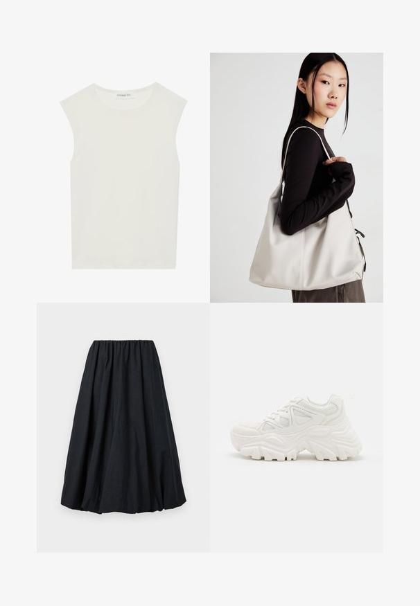 White sleeveless top with a round neckline. Made of smooth fabric, it features a relaxed fit and minimalist design. No patterns or accents.; Black elastic-waist skirt, knee-length, made of textured fabric, featuring a full silhouette with subtle draping.; White chunky sneakers featuring a textured upper, mesh panels, and thick rubber soles with prominent tread pattern. Laces and pull tab included.; Beige handbag made of soft material, featuring a slouchy design, stitched detailing, and two shoulder straps. Suitable for everyday use.