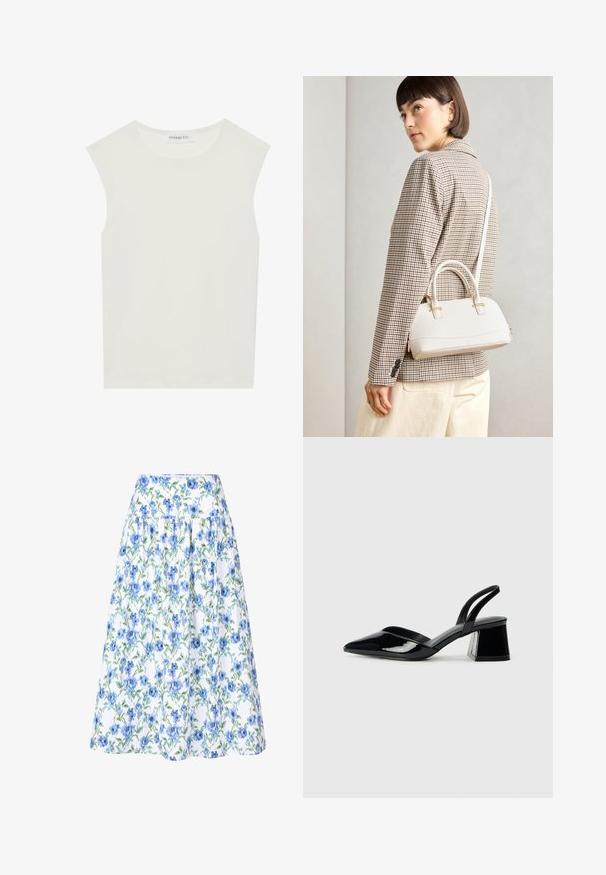 Haut sans manches blanc avec un col rond. Fabriqué en tissu lisse, il présente une coupe décontractée et un design minimaliste. Pas de motifs ni d'accents.; Jupe fleurie avec un fond blanc, des fleurs bleues et des feuilles vertes, taille structurée et design froncé pour plus de volume.; Escarpins en cuir verni noir avec bout pointu et talon bloc géométrique. Présente un design élégant et minimaliste ainsi qu'une texture lisse.; Sac à main structuré blanc avec de courtes poignées et une bandoulière, doté de accents en métal doré et d'un matériau texturé, présenté sur un fond gris.; Boucle d'oreille en métal doré avec un design élégant et courbé. Présente une forme conique distinctive, une surface polie et une fermeture à charnière.