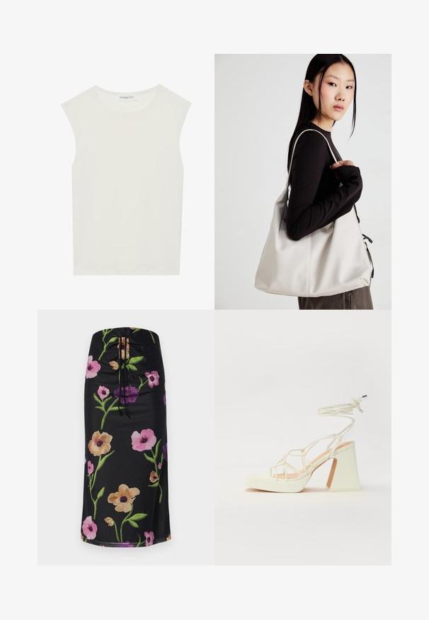 White sleeveless top with a round neckline. Made of smooth fabric, it features a relaxed fit and minimalist design. No patterns or accents.; Floral-print midi skirt featuring a black background, with large pink, purple, and beige flowers, drawstring closure at the waist, smooth fabric.; White high-heeled sandal with a chunky heel, featuring a strappy design and ankle tie. Smooth texture with a platform front for added height.; Beige handbag made of soft material, featuring a slouchy design, stitched detailing, and two shoulder straps. Suitable for everyday use.