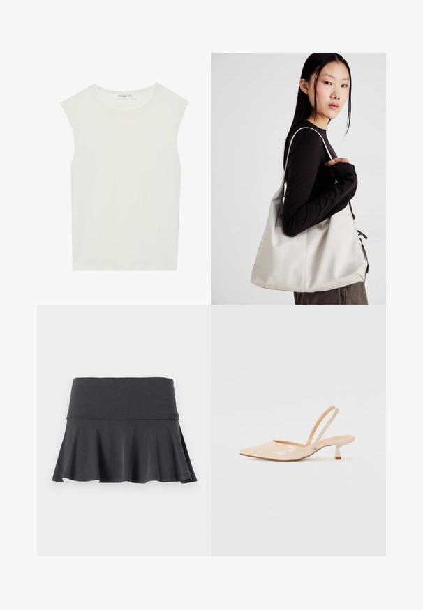 Bílý bezrukávový top s kulatým výstřihem. Vyroben z hladkého materiálu, má volný střih a minimalistický design. Bez vzorů nebo akcentů.; Šedá rozšířená sukně vyrobená z měkké látky s přiléhavým pasem. Lem sukně přidává jemné rozšíření, které zvyšuje pohyb a pohodlí.; Béžové lakované kožené lodičky se špičatou špičkou a štíhlým čtvercovým podpatkem. Hladký povrch a minimalistický design bez ozdob.; Beige kabelka vyrobená z měkkého materiálu, s volným designem, prošívanými detaily a dvěma ramenními popruhy. Vhodná pro každodenní použití.