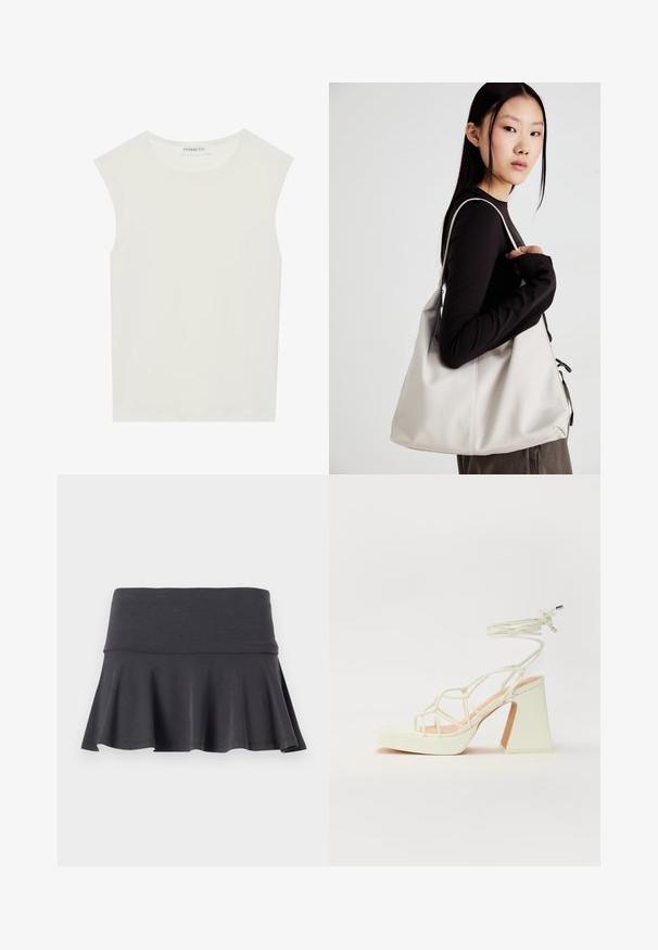 Balta be rankovių palaidinė su apvaliu kaklu. Pagaminta iš lygios medžiagos, ji turi laisvą siluetą ir minimalistinį dizainą. Be raštų ar akcentų.; Pilkas platėjantis sijonas, pagamintas iš minkštos medžiagos su prigludusia juosmeniu. Medžiagos apvadas suteikia subtilų platėjimą, pagerinantį judėjimą ir komfortą.; Balti aukštakulniai sandalai su masyviu kulnu, su dirželių dizainu ir kulkšnies raiščiu. Lygi tekstūra su platforma priekyje, suteikianti papildomą aukštį.; Bežinė rankinė, pagaminta iš minkštos medžiagos, turinti laisvą dizainą, siuvinėtas detalės ir dvi petnešos. Tinkama kasdieniam naudojimui.