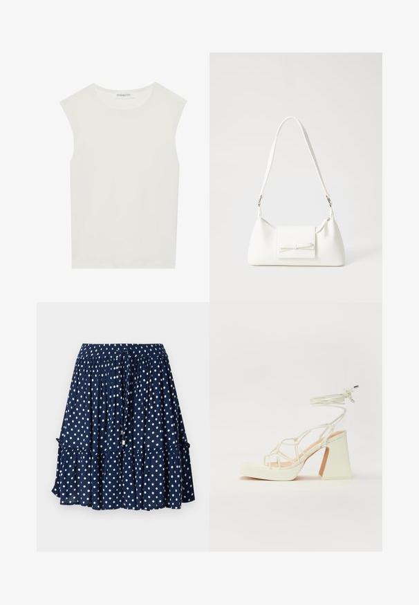 Top alb fără mâneci, cu decolteu rotund. Fabricat dintr-un material neted, prezintă o croială lejeră și un design minimalist. Fără modele sau accente.; Fustă bleu marin cu buline albe, având un tiv flocșat și o talie elastică cu șnur pentru o ajustare confortabilă.; Sandale albe cu toc înalt și gros, cu un design cu curele și legătură la gleznă. Textură netedă, cu o platformă frontală pentru înălțime suplimentară.; Geantă sintetică albă, cu formă triangulară, capac frontal plat și detaliu cu fundă, curea ajustabilă, textură netedă și design minimalist.