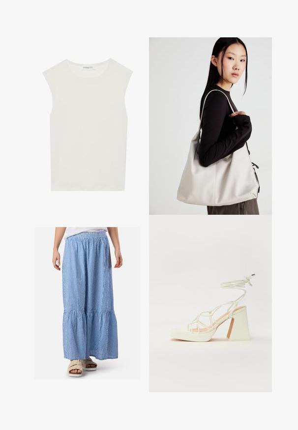 Valkoinen hihaton paita, jossa on pyöreä kaula-aukko. Valmistettu sileästä kankaasta, siinä on rento istuvuus ja minimalistinen muotoilu. Ei kuvioita tai koristeita.; Sininen ja valkoinen raidoitettu maksihame, jossa on elastinen vyötärö, kerroksia ja kevyt kangas. Yhdistetty pehmeisiin sandaaleihin.; Valkoinen korkokenkä, jossa on paksu korko, ja joka sisältää nauhakiinnityksen ja nilkkaketjun. Sujuva pinta, jossa on platform-etupohja lisäkorkeutta varten.; Beige laukku, joka on valmistettu pehmeästä materiaalista, ja siinä on rento muotoilu, ommeltu yksityiskohtia ja kaksi olkahihnaa. Sopii päivittäiseen käyttöön.