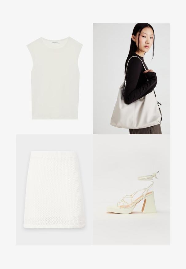 Biely bezrukávový top s okrúhlym výstrihom. Vyrobený z hladkého materiálu, má uvoľnený strih a minimalistický dizajn. Žiadne vzory alebo akcenty.; Biely pletený mini sukňa s textúrovaným vzorom, elastickým pásom a rovnou siluetou.; Biele sandále na vysokom opätku s hrubým podpätkom, s pruhovaným dizajnom a viazaním na členku. Hladký povrch s platformou vpredu pre zvýšenú výšku.; Béžová kabelka vyrobená z mäkkého materiálu, s uvoľneným dizajnom, prišitými detailmi a dvoma popruhmi na nosenie na pleciach. Vhodná na každodenné nosenie.