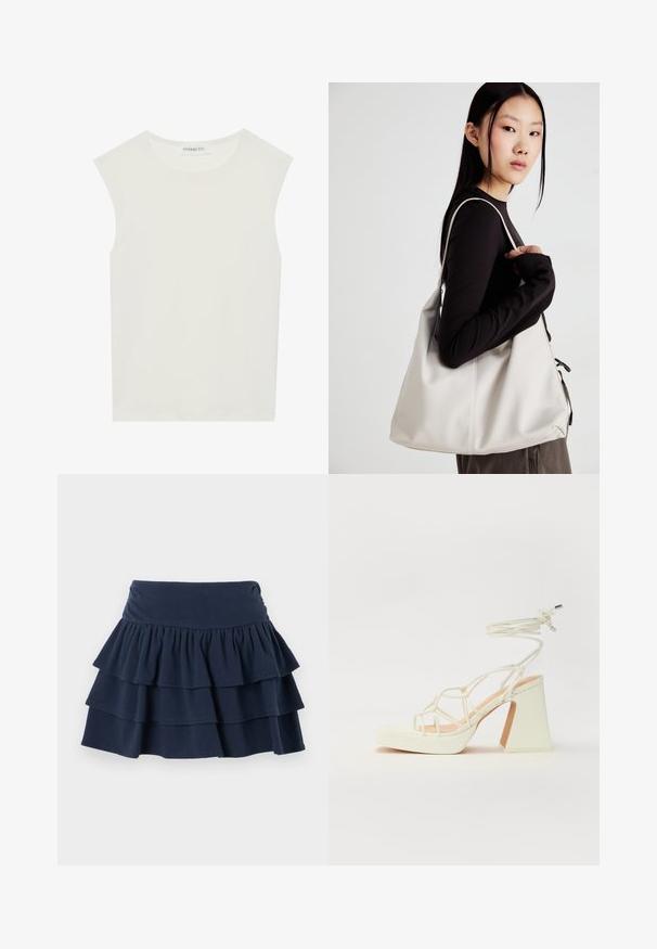 Top alb fără mâneci, cu decolteu rotund. Fabricat dintr-un material neted, prezintă o croială lejeră și un design minimalist. Fără modele sau accente.; Hollister Co. MAY RUFFLE - Pantaloni scurți - dark blue; Sandale albe cu toc înalt și gros, cu un design cu curele și legătură la gleznă. Textură netedă, cu o platformă frontală pentru înălțime suplimentară.; Geantă bej din material moale, cu un design lejer, detalii cusute și două bretele pentru umăr. Potrivită pentru utilizarea zilnică.