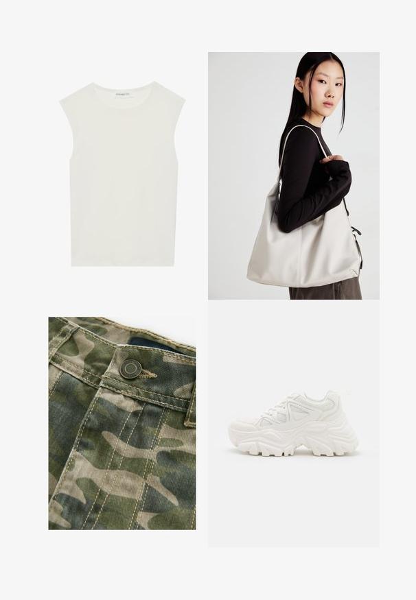 Biała bezrękawnik z okrągłym dekoltem. Wykonana z gładkiego materiału, ma luźny krój i minimalistyczny design. Bez wzorów ani akcentów.; Tkanina w kamuflażowym wzorze w odcieniach zieleni i beżu z widocznymi szwami. Posiada metalowy guzik w talii, o teksturze denimu.; Białe, masywne sneakersy z teksturowaną cholewką, panelami z siateczki i grubymi gumowymi podeszwami o wyraźnym wzorze bieżnika. W zestawie sznurówki i pętla do zakupu.; Beżowa torebka wykonana z miękkiego materiału, charakteryzująca się luźnym fasonem, wyszywanymi detalami i dwoma uchwytami na ramię. Idealna na co dzień.