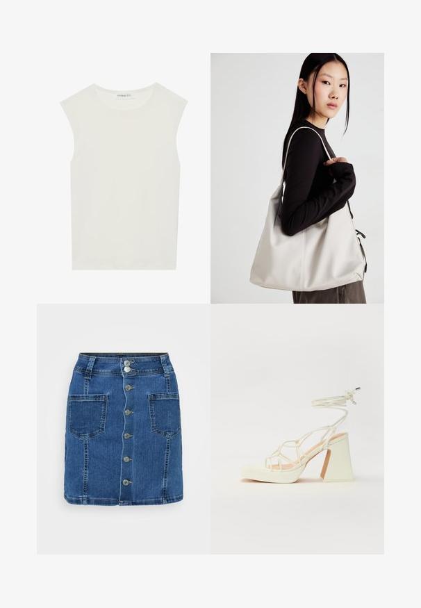 Top branco sem mangas com decote redondo. Feito de um tecido liso, apresenta um corte descontraído e um design minimalista. Sem padrões ou detalhes.; Saia de ganga com cintura ajustada, cinco botões de metal na parte da frente e dois bolsos laterais grandes. Comprimento até à metade da coxa e cor azul clássica.; Sandálias brancas de salto alto com um salto robusto, apresentando um design com tiras e amarração no tornozelo. Textura suave com uma plataforma na frente para altura adicional.; Uma bolsa bege feita de material macio, com um design descontraído, detalhes de costura e duas alças para o ombro. Adequada para uso diário.