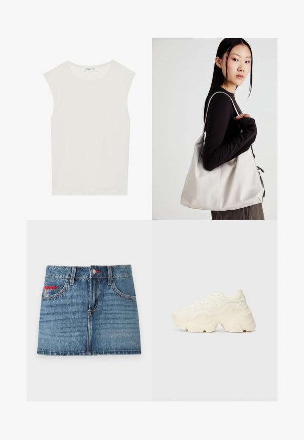 Valge ilma varrukateta topp ümmarguse kaelusega. Valmistatud siledast kangast, sellel on mugav lõige ja minimalistlik disain. Ei ole mustreid ega aksessuaare.; Keskmise sinise värvi denim mini seelik, millel on pleekinud tekstuur, viis taskut ja punased õmblused. Omab nööbiga sulgemist ja vöölõikeid.; Paksud valged tennised, mis on valmistatud tekstureeritud võrgu- ja sünteetilistest materjalidest, pakuvad paksu tallaga ja keerukat mustrit külgedel.; Bež käekott pehme materjali, millel on lõtv disain, õmblustega detailid ja kaks õlarihma. Sobib igapäevaseks kasutamiseks.