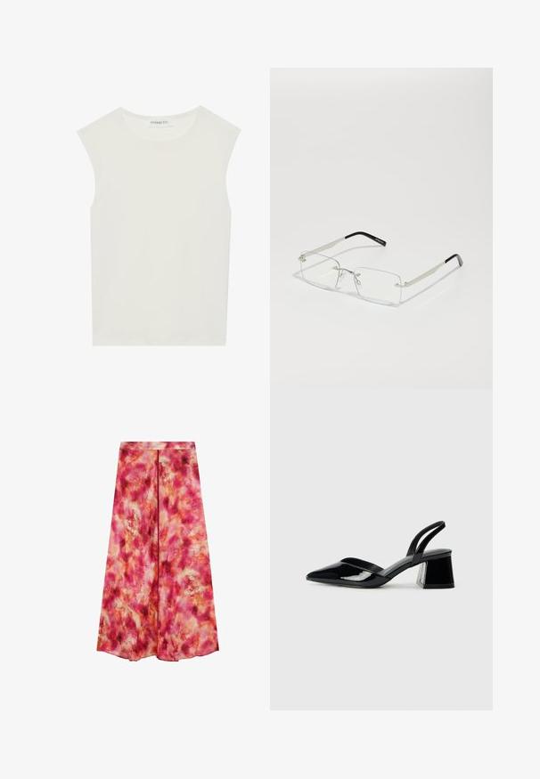 Haut sans manches blanc avec un col rond. Fabriqué en tissu lisse, il présente une coupe décontractée et un design minimaliste. Pas de motifs ni d'accents.; Jupe longue en rose vibrant avec un motif abstrait, semblable à de l'aquarelle. Fabriquée en tissu léger. Présente une coupe droite et une taille dissimulée.; Escarpins en cuir verni noir avec bout pointu et talon bloc géométrique. Présente un design élégant et minimaliste ainsi qu'une texture lisse.; Lunettes rectangulaires à verres transparents avec une fine monture en métal argenté et des embouts en acétate noir. Présente un matériel minimal pour un design épuré.; Sac hobo en cuir noir avec une texture lisse, une forme incurvée et une seule sangle réglable ; dispose d'une large ouverture en haut.