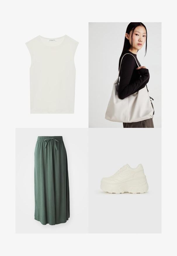 Top branco sem mangas com decote redondo. Feito de um tecido liso, apresenta um corte descontraído e um design minimalista. Sem padrões ou detalhes.; Saia verde de comprimento médio, feita de tecido suave, com cintura elástica e cordão ajustável; textura lisa e design simples.; Tênis brancos de plataforma com um cabedal suave semelhante a couro, formato arredondado, colarinho acolchoado e sola de borracha texturizada com ranhuras bem definidas.; Uma bolsa bege feita de material macio, com um design descontraído, detalhes de costura e duas alças para o ombro. Adequada para uso diário.