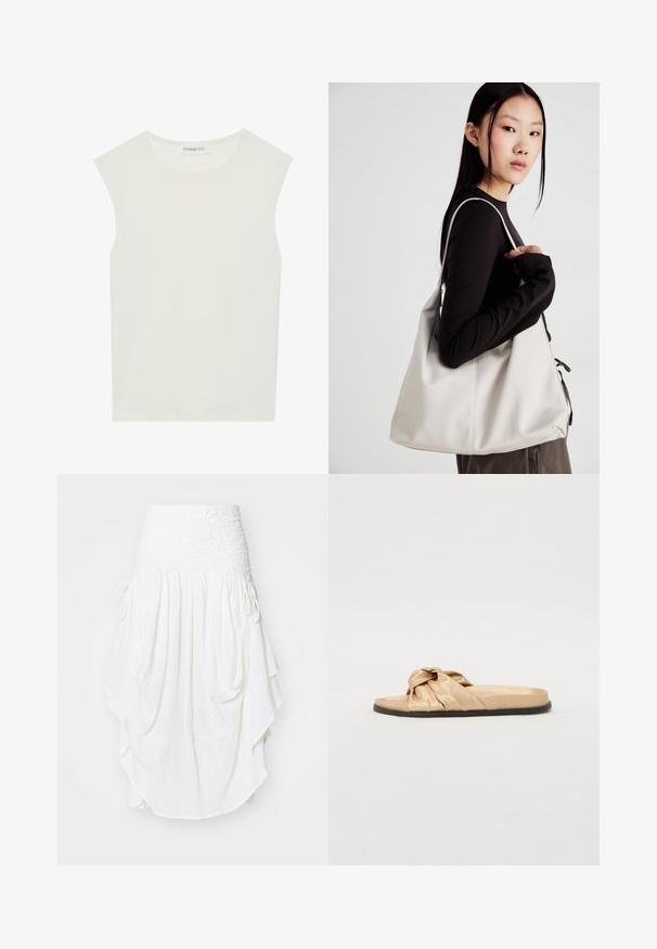 Balta be rankovių palaidinė su apvaliu kaklu. Pagaminta iš lygios medžiagos, ji turi laisvą siluetą ir minimalistinį dizainą. Be raštų ar akcentų.; Free People PRAIRIE CONVERTIBLE SKIRT - Maksi sijonas - whisper white; Auksinės satino šlepetės su mazgo detale ant dirželio, lygus padas ir sklandžiai tekstūra, kontrastuojantis tamsus padas.; Bežinė rankinė, pagaminta iš minkštos medžiagos, turinti laisvą dizainą, siuvinėtas detalės ir dvi petnešos. Tinkama kasdieniam naudojimui.