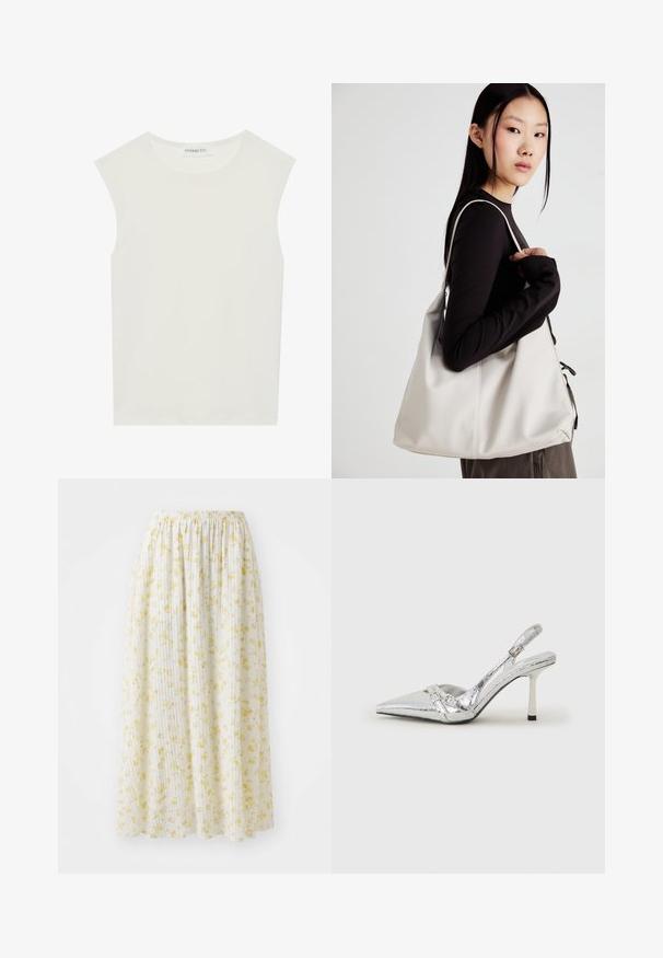 Top blanco sin mangas con escote redondo. Hecho de una tela suave, presenta un corte relajado y un diseño minimalista. Sin patrones ni acentos.; Falda midi blanca con estampado de flores amarillas, con cintura elástica y textura plisada, confeccionada en tejido ligero y fluido.; Zapato de tacón alto plateado tipo slingback con punta afilada, acabado metálico, dos correas decorativas y un tacón delgado con punta negra.; Bolso de mano beige hecho de material suave, con un diseño holgado, detalles cosidos y dos asas. Adecuado para uso diario.
