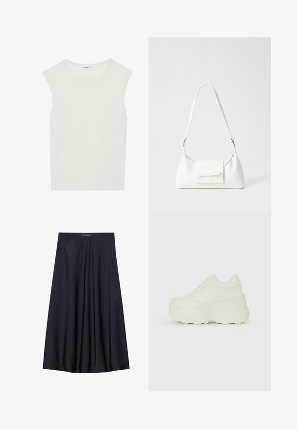 Witte mouwloze top met een ronde halslijn. Gemaakt van gladde stof, het heeft een losse pasvorm en een minimalistisch ontwerp. Geen patronen of accenten.; Zwarte, knielange rok van lichtgewicht stof met een vloeiende uitstraling. Kenmerkt zich door een gladde textuur en subtiele plooien voor extra detail.; Witte platform sneakers met een gladde leren bovenkant, afgeronde vorm, gewatteerde kraag en een gestructureerde rubberen zool met duidelijke profiel.; Witte synthetische handtas met een driehoekige vorm, platte voorklep en strikdetail, verstelbare schouderriem, gladde textuur en minimalistisch ontwerp.