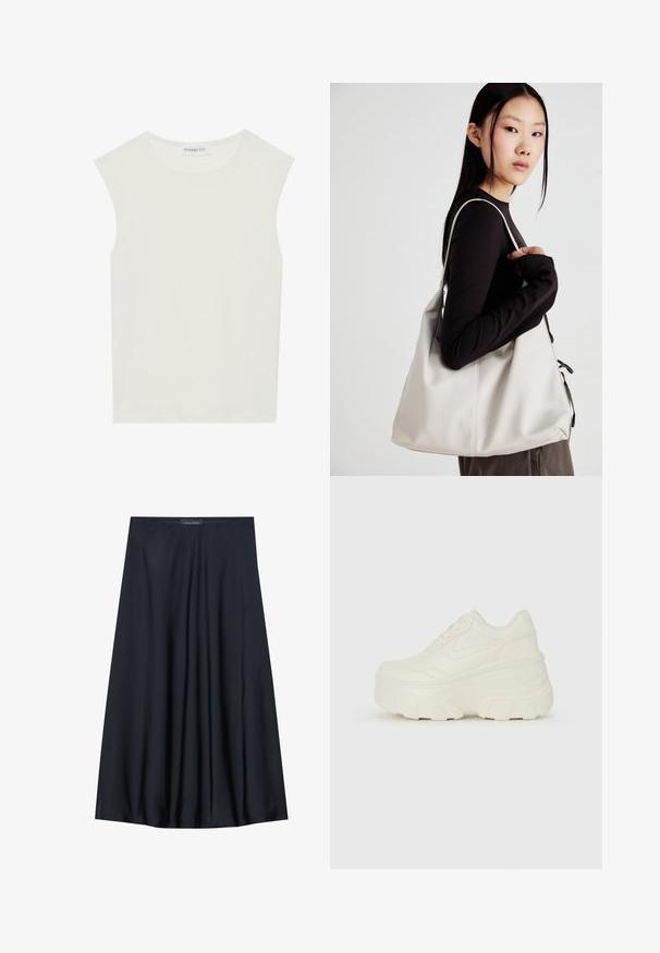White sleeveless top with a round neckline. Made of smooth fabric, it features a relaxed fit and minimalist design. No patterns or accents.; Black, knee-length skirt made of lightweight fabric with a flowy design. Features a smooth texture and subtle pleats for added detail.; White platform sneakers featuring a smooth leather-like upper, rounded shape, padded collar, and textured rubber sole with defined treads.; Beige handbag made of soft material, featuring a slouchy design, stitched detailing, and two shoulder straps. Suitable for everyday use.