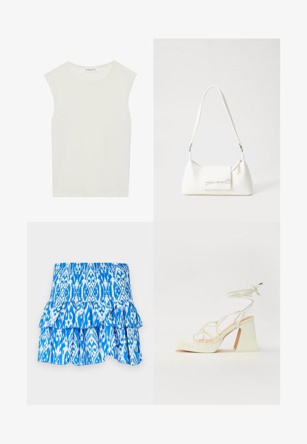 Balta be rankovių palaidinė su apvaliu kaklu. Pagaminta iš lygios medžiagos, ji turi laisvą siluetą ir minimalistinį dizainą. Be raštų ar akcentų.; Mėlyni ir balti raštuoti sijonai su susiraukšlėjusia juosmens dalimi, sluoksniuota klostuota apatine dalimi ir lengvu audiniu. Panašus į ikat stiliaus dizainą.; Balti aukštakulniai sandalai su masyviu kulnu, su dirželių dizainu ir kulkšnies raiščiu. Lygi tekstūra su platforma priekyje, suteikianti papildomą aukštį.; Balta sintetinė rankinė trikampio formos, plokščiu priekiu su užsegimu, kaspino detale, reguliuojama dirželiu, lygia tekstūra ir minimalistišku dizainu.