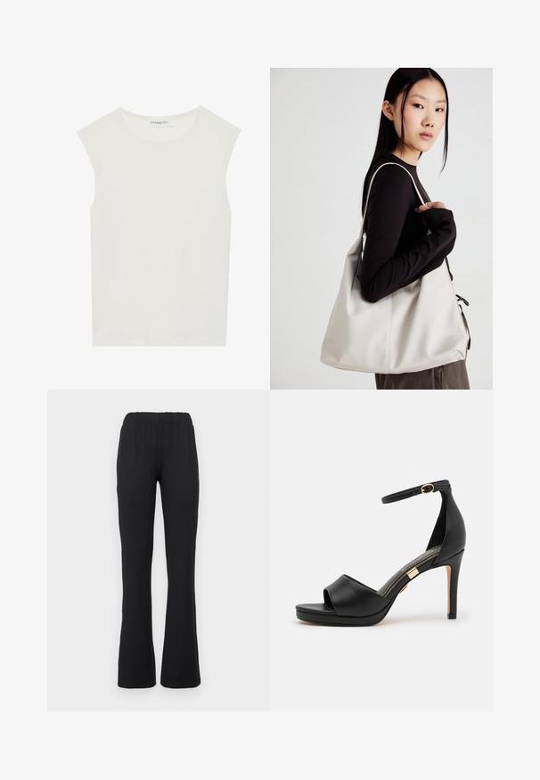 Fehér ujjatlan felső, kerek nyakkivágással. Simább anyagból készült, laza fazonnal és minimalista kialakítással rendelkezik. Nincsenek minták vagy díszítések.; Fekete, bővülő nadrág rugalmas derékkal, sima felülettel, látható minták vagy fém részletek nélkül.; Fekete bőr magas sarkú szandál, nyitott orral és bokapánttal. Simább felülettel, aranyszínű díszítéssel a saroknál, valamint ívelt dizájnjával rendelkezik.; Puha anyagból készült bézs kézitáska, laza dizájnnal, varrott részletekkel és két vállpánttal. Mindennapi használatra alkalmas.