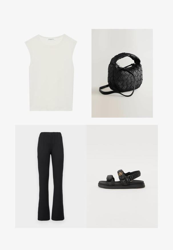 Balts bez piedurknēm tops ar apaļu kakla izgriezumu. Izgatavots no gludas auduma, tam ir brīvs piegriezums un minimālistisks dizains. Nav nekādas rakstainības vai akcentu.; Melnas, platas bikses ar elastīgu jostasvietu, ar gludu tekstūru un bez redzamām faktūrām vai detaļām.; Melni pielāgojami sandales ar diviem regulējamiem siksnām, zelta akcentiem un teksturētu melnu zoli. Elegants un mūsdienīgs dizains.; Melnā austā ādas soma ar noapaļotu formu, vairākiem pinumiem rokturiem, ar rāvējslēdzēju un regulējamu plecu siksnu. Strukturēta virsma.