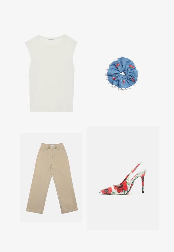 Weißes ärmelloses Top mit rundem Ausschnitt. Hergestellt aus glattem Stoff, hat es einen lässigen Schnitt und minimalistisches Design. Keine Muster oder Akzente.; Beige weit geschnittene Denim-Hose mit hoher taille, vorderen Taschen und kontrastierender Naht. Das Design umfasst einen Knopfverschluss.; Slingback-Pumps mit spitzer Zehenpartie, weißer Oberfläche mit rotem Blumenmuster und schmalem Absatz. Strukturiertes Finish.; Denim-Haarband mit weißem Wellenrand, verziert mit roten und grünen gestickten Blumenmotiven auf blauem Hintergrund.