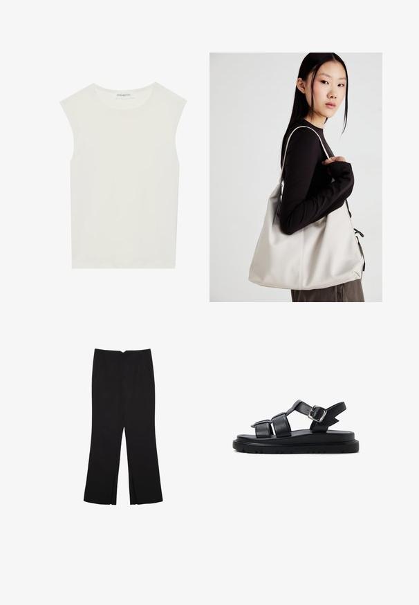 Weißes ärmelloses Top mit rundem Ausschnitt. Hergestellt aus glattem Stoff, hat es einen lässigen Schnitt und minimalistisches Design. Keine Muster oder Akzente.; Schwarze Hose mit geradem Schnitt, ausgestattet mit Fronttaschen und Seitenschlitzen am Saum. Hergestellt aus weichem, glattem Stoff. Geeignet für verschiedene Anlässe.; Schwarze Ledersandalen mit breiten Riemen, einem Schnallenverschluss und einer dicken, strukturierten Sohle mit Rillen für besseren Halt.; Beige Handtasche aus weichem Material, mit einem lässigen Design, gesteppten Details und zwei Schulterriemen. Geeignet für den täglichen Gebrauch.