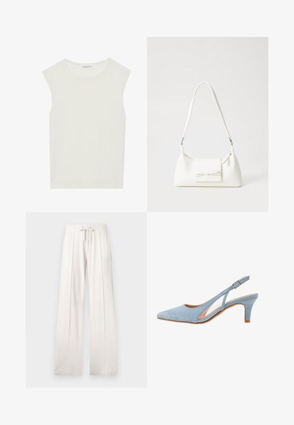 Valkoinen hihaton paita, jossa on pyöreä kaula-aukko. Valmistettu sileästä kankaasta, siinä on rento istuvuus ja minimalistinen muotoilu. Ei kuvioita tai koristeita.; Vaaleanbeiget collegehousut, joissa on pehmeä kangas, nyörikuja vyötäröllä, leveät lahkeet ja pystysaumat, sekä sileä pinta.; Vaaliharmaat mokkanahkaiset slingback-korkokengät, teräväkärkiset, säädettävä nilkkahihna metallisoljella, luonnollisen beigen värinen pohja ja matala korko.; Valkoinen synteettinen käsilaukku, jossa on kolmikulmainen muoto, tasainen etu läppä ja nauhadetail, säädettävä olkahihna, sileä rakenne ja minimalinen muotoilu.