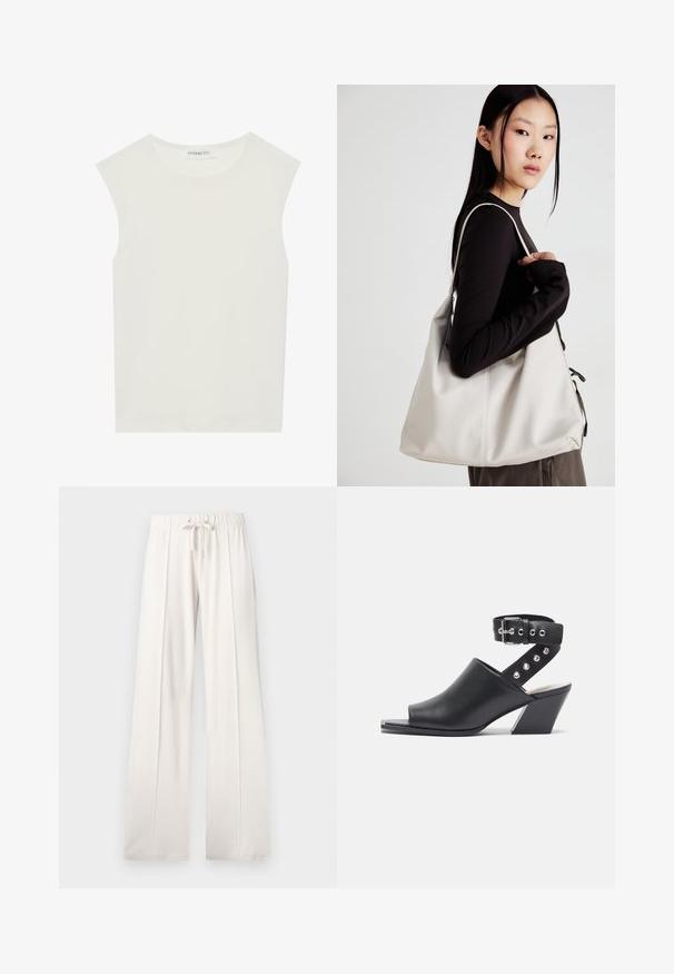 Top branco sem mangas com decote redondo. Feito de um tecido liso, apresenta um corte descontraído e um design minimalista. Sem padrões ou detalhes.; Calças de fato de treino beija claro, feitas de um tecido suave, com cintura elástica ajustável, pernas largas e costuras verticais, apresentando uma textura lisa.; Sandal de salto alto em couro preto, aberto na frente, com tira no tornozelo e fecho de fivela, apresentando detalhes em rebites prateados na tira e um salto em bloco.; Uma bolsa bege feita de material macio, com um design descontraído, detalhes de costura e duas alças para o ombro. Adequada para uso diário.