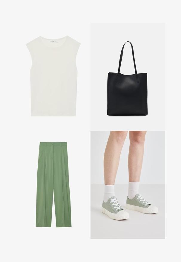 Valge ilma varrukateta topp ümmarguse kaelusega. Valmistatud siledast kangast, sellel on mugav lõige ja minimalistlik disain. Ei ole mustreid ega aksessuaare.; Roheline lai säärega püksid, mis on valmistatud siledast kangast. Esiosas on voldid, üksnuppude sulgemine ja vööpingutite aasad.; Heledad hall roheline kanvasjalatsid valgete kummitaldade ja lakkudega. Omab ümarat varbaosa ja tekstureeritud valget tallatoetust. Kaasas on valged sokid.; Mustast nahast kott sujuva tekstuuriga, ristkülikukujuline ja kahe pika sangaga. Pole nähtavat riistvara ega kaunistusi.