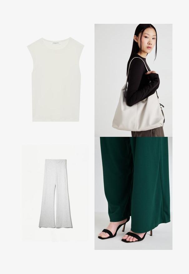 Valkoinen hihaton paita, jossa on pyöreä kaula-aukko. Valmistettu sileästä kankaasta, siinä on rento istuvuus ja minimalistinen muotoilu. Ei kuvioita tai koristeita.; Vaaleanharmaat leveät housut, jotka on valmistettu pehmeästä kankaasta. Housuissa on korkea vyötärö ja sivuaukot lisäämään ilmavuutta ja mukavuutta.; Vihreät leveät housut, jotka on valmistettu sileästä kankaasta, yhdistettynä mustiin hihnallisiin korkokenkiin, joissa on avonaiset varpaat ja tyylikäs muotoilu.; Beige laukku, joka on valmistettu pehmeästä materiaalista, ja siinä on rento muotoilu, ommeltu yksityiskohtia ja kaksi olkahihnaa. Sopii päivittäiseen käyttöön.