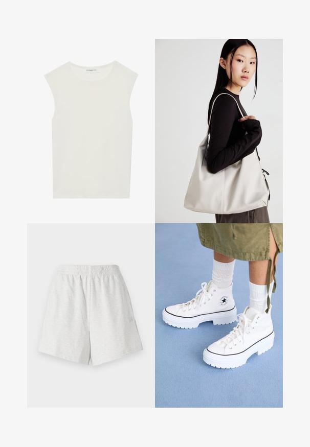 Weißes ärmelloses Top mit rundem Ausschnitt. Hergestellt aus glattem Stoff, hat es einen lässigen Schnitt und minimalistisches Design. Keine Muster oder Akzente.; Graue Baumwollshorts mit einem elastischen Taillenbund, seitlichen Nähten und ohne sichtbare Taschen. Weicher Stoff mit einem schlichten Design und ohne Muster.; Weiße High-Top-Sneaker mit einem strukturierten Canvas-Obermaterial, Gummikappen an den Zehen und einer dicken weißen Plattformsohle. Mit schwarzen Akzenten und Ösen ausgestattet.; Beige Handtasche aus weichem Material, mit einem lässigen Design, gesteppten Details und zwei Schulterriemen. Geeignet für den täglichen Gebrauch.