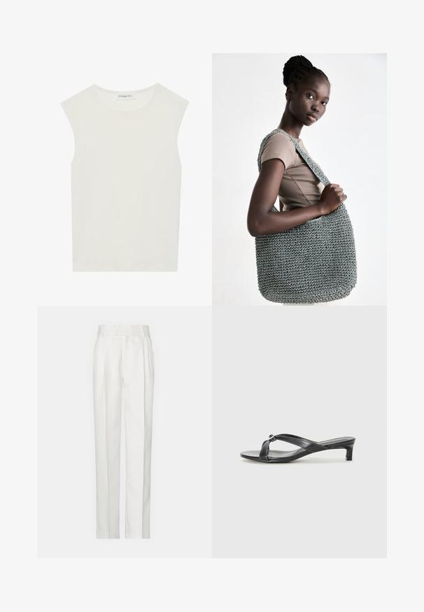 Valge ilma varrukateta topp ümmarguse kaelusega. Valmistatud siledast kangast, sellel on mugav lõige ja minimalistlik disain. Ei ole mustreid ega aksessuaare.; Valged triibulised püksid, sirgete jalgade disainiga, valmistatud kergest kangast. Ees on voldid ja traditsiooniline talje.; Mustad kontsad kaalud cruz-ribade disainiga siledast sünteetilisest materjalist. Omab madalat plokknina ja dekoratiivset aktsenti rihma ühenduskohas.; Hallikas heegeldatud kott tekstureeritud viimistlusega ja laia tasapinnalise sangaga, hoitud beeži topi vastu, omades avarat ja struktureeritud disaini.