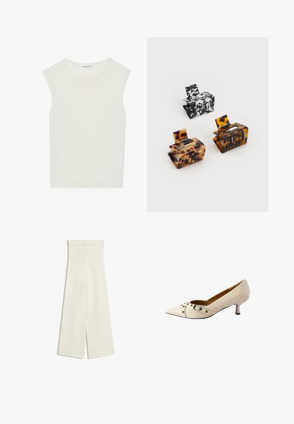 Bela brezrokavnica s okroglim izrezom. Narejena iz gladkega materiala, ima sproščen kroj in minimalističen dizajn. Brez vzorcev ali okrasnih elementov.; Široke hlače iz off-white pletenine, ki imajo visok pas in strukturiran vzorec. Oblika vključuje razporek na robu na vsaki strani.; Bež čevlji s peto iz usnja s koničastim nosom, opremljeni z dekorativnim pasom s sponko in srebrnimi kroglicami ter majhno peto.; Tri do konice za lase: ena marmorirana v črni in beli barvi, dve iz školjkastega v rjavih in črnih odtenkih, vse narejeno iz sijoče plastike z teksturiranim zaključkom.